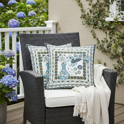Set of Two White Yellow Black And Light Blue Peacock Indoor Outdoor Throw Pillow