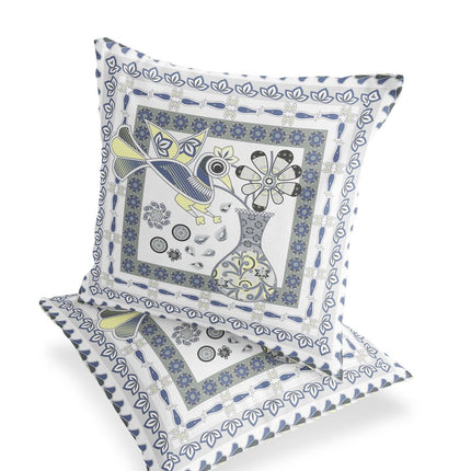 Set of Two White Yellow And Gray Peacock Indoor Outdoor Throw Pillow
