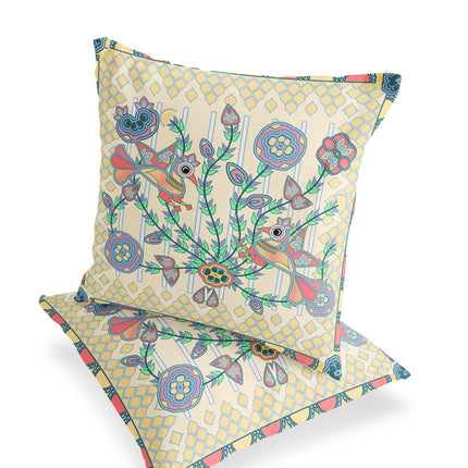 Set of Two Yellow Blue And Pink Peacock Indoor Outdoor Throw Pillow