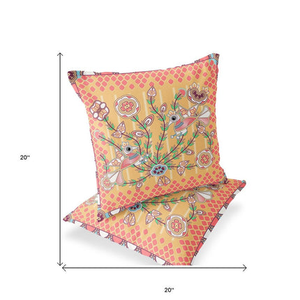 Set of Two Yellow Peach And White Peacock Indoor Outdoor Throw Pillow