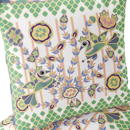 Set of Two White Green And Yellow Peacock Indoor Outdoor Throw Pillow
