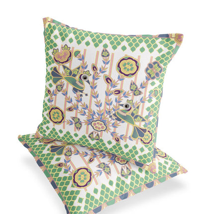 Set of Two White Green And Yellow Peacock Indoor Outdoor Throw Pillow