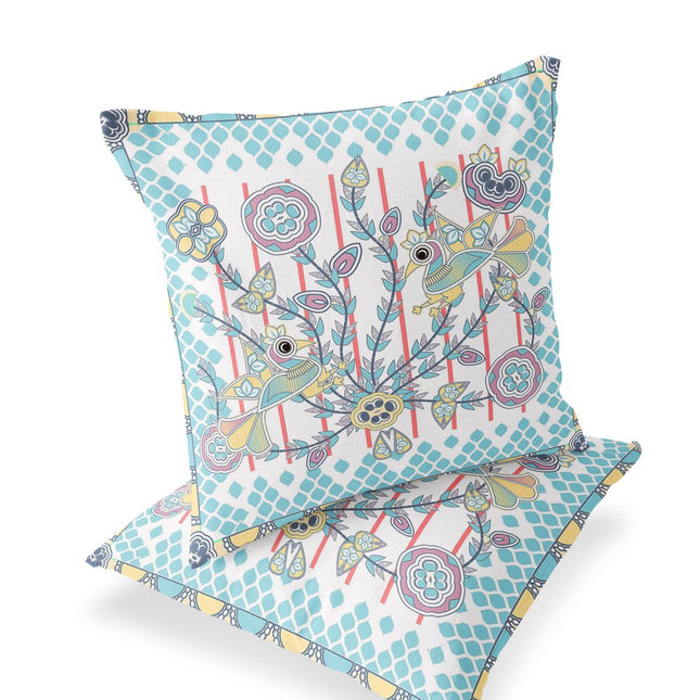 Set of Two White Light Blue And Yellow Peacock Indoor Outdoor Throw Pillow