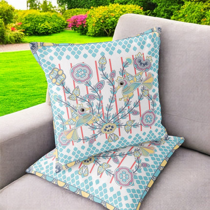 Set of Two White Light Blue And Yellow Peacock Indoor Outdoor Throw Pillow