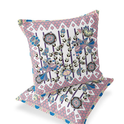 Set of Two White Pink And Black Peacock Indoor Outdoor Throw Pillow