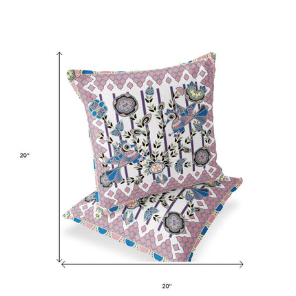 Set of Two White Pink And Black Peacock Indoor Outdoor Throw Pillow