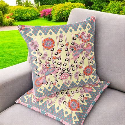 Set of Two Yellow Pink Orange And Gray Peacock Indoor Outdoor Throw Pillow