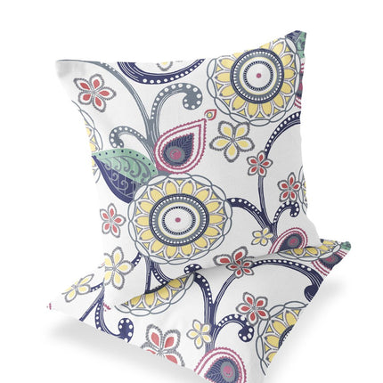 Set of Two Yellow Green Dark Blue And White Floral Indoor Outdoor Throw Pillow