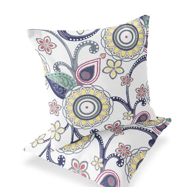 Set of Two Yellow Green Dark Blue And White Floral Indoor Outdoor Throw Pillow