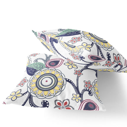 Set of Two Yellow Green Dark Blue And White Floral Indoor Outdoor Throw Pillow