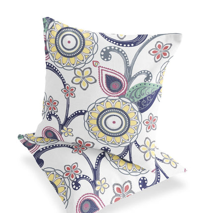 Set of Two Yellow Green Dark Blue And White Floral Indoor Outdoor Throw Pillow