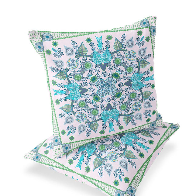 Set of Two White Light Blue And Green Botanical Indoor Outdoor Throw Pillow
