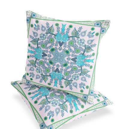 Set of Two White Light Blue And Green Botanical Indoor Outdoor Throw Pillow