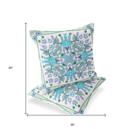 Set of Two White Light Blue And Green Botanical Indoor Outdoor Throw Pillow