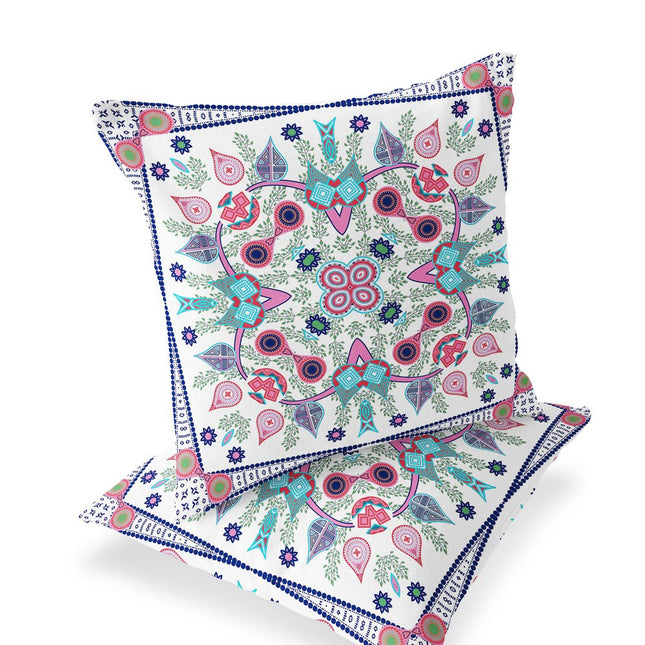 Set of Two White Pink And Light Blue Botanical Indoor Outdoor Throw Pillow