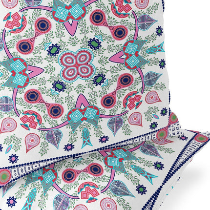 Set of Two White Pink And Light Blue Botanical Indoor Outdoor Throw Pillow