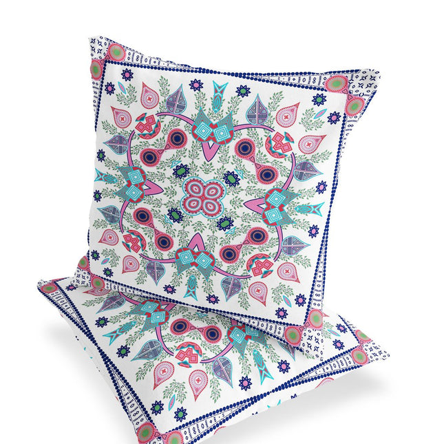 Set of Two White Pink And Light Blue Botanical Indoor Outdoor Throw Pillow