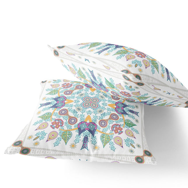 Set of Two White Pink Yellow And Light Green Botanical Indoor Outdoor Throw Pillow