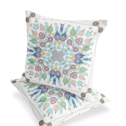 Set of Two White Pink Yellow And Light Green Botanical Indoor Outdoor Throw Pillow