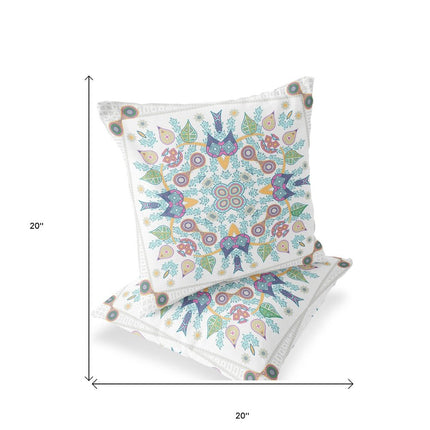 Set of Two White Pink Yellow And Light Green Botanical Indoor Outdoor Throw Pillow