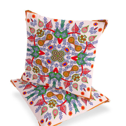 Set of Two White Red And Orange Paisley Indoor Outdoor Throw Pillow