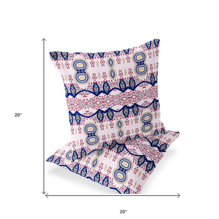 Set of Two White Red And Blue Botanical Indoor Outdoor Throw Pillow
