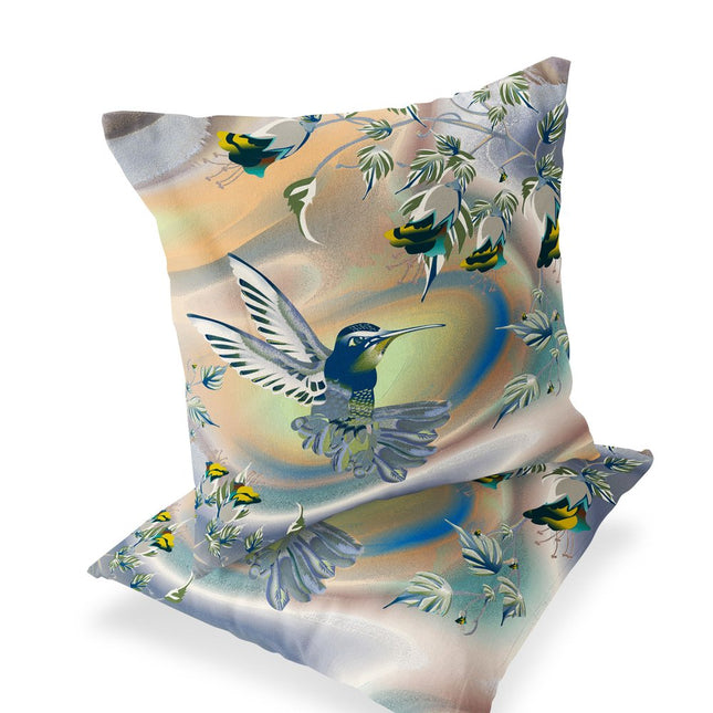 Set of Two Yellow Green And Blue Bird Indoor Outdoor Throw Pillow