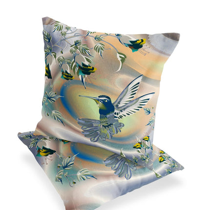 Set of Two Yellow Green And Blue Bird Indoor Outdoor Throw Pillow