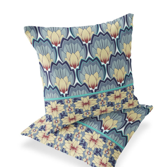Set of Two Yellow And Gray Floral Indoor Outdoor Throw Pillow
