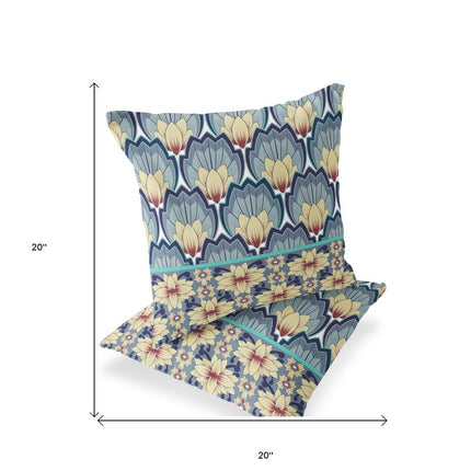 Set of Two Yellow And Gray Floral Indoor Outdoor Throw Pillow
