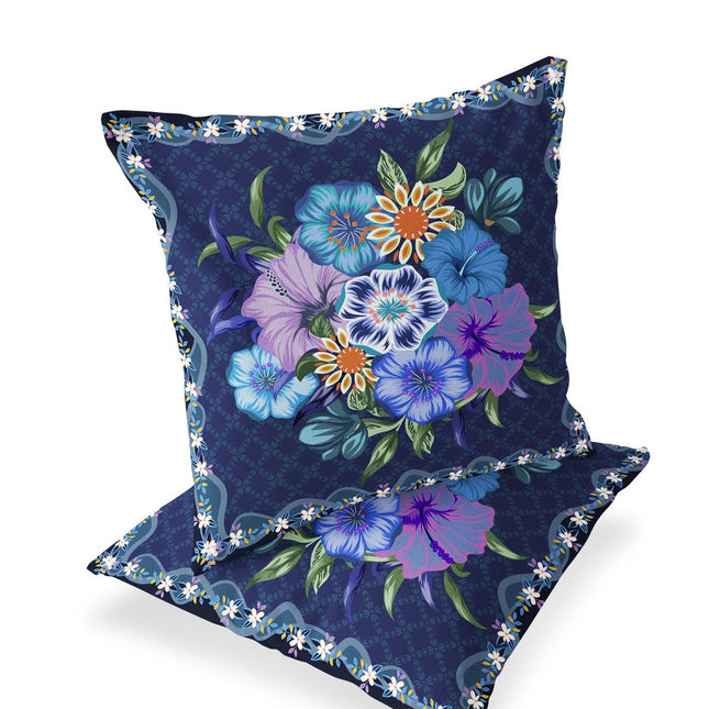 Set of Two Yellow And Dark Blue Floral Indoor Outdoor Throw Pillow