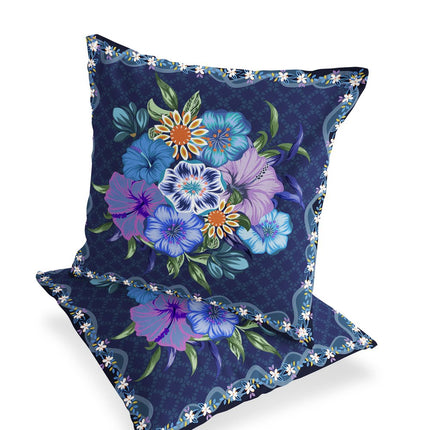 Set of Two Yellow And Dark Blue Floral Indoor Outdoor Throw Pillow