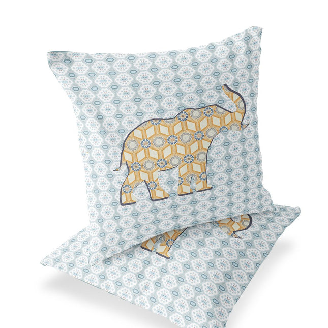 Set of Two Yellow And Light Blue Elephant Indoor Outdoor Throw Pillow