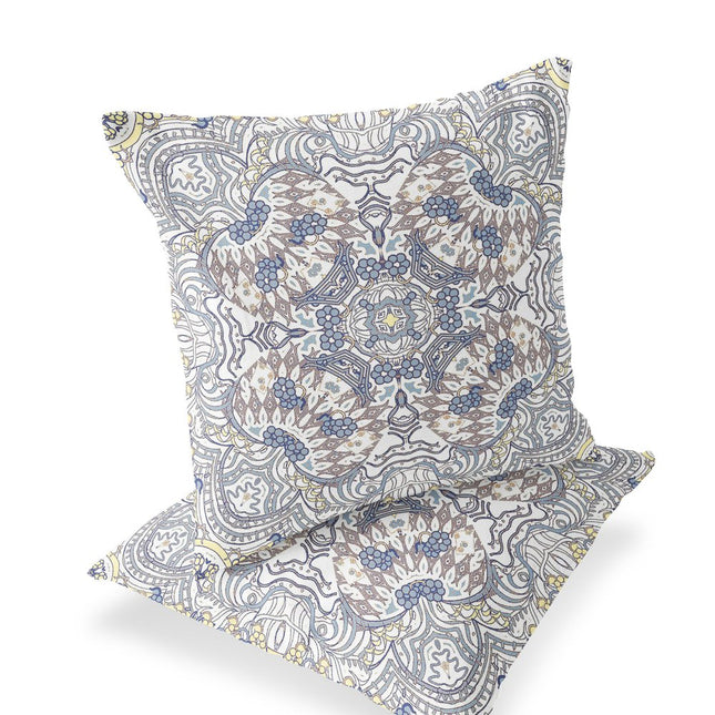 Set of Two Yellow Gray And Cream Eclectic Indoor Outdoor Throw Pillow