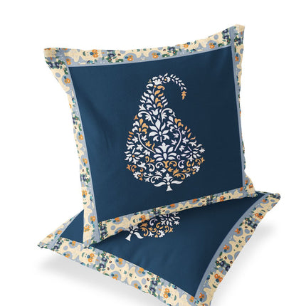 Set of Two White Orange And Navy Blue Botanical Indoor Outdoor Throw Pillow