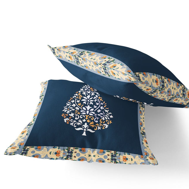 Set of Two White Orange And Navy Blue Botanical Indoor Outdoor Throw Pillow