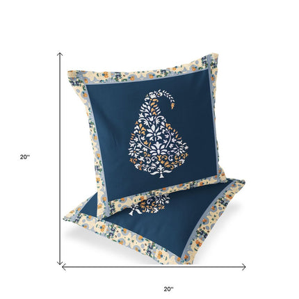 Set of Two White Orange And Navy Blue Botanical Indoor Outdoor Throw Pillow
