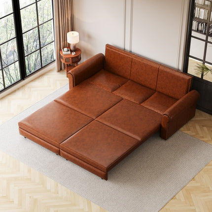 Sofa Bed - 3-in-1 Convertible Sleeper with Faux Leather Upholstery, Nailhead Trim & Rolled Arms
