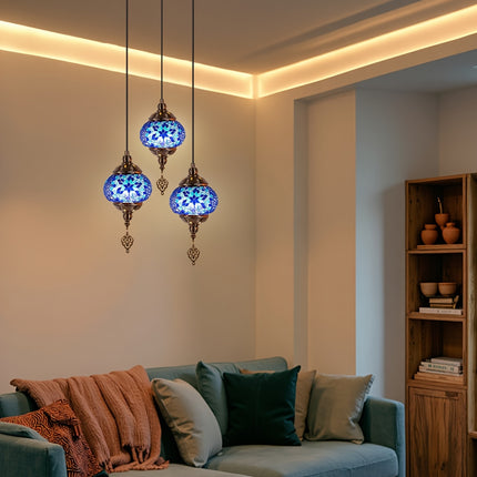 Turkish-Moroccan Mosaic Three-Head Ceiling Lamp Handmade Glass Shade, Mediterranean Style,