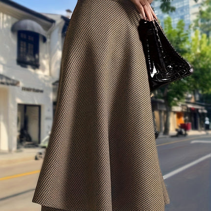 Women's New Houndstooth Checkered Midi Skirt, High-End Autumn Winter Tweed A-Line Umbrella Skirt