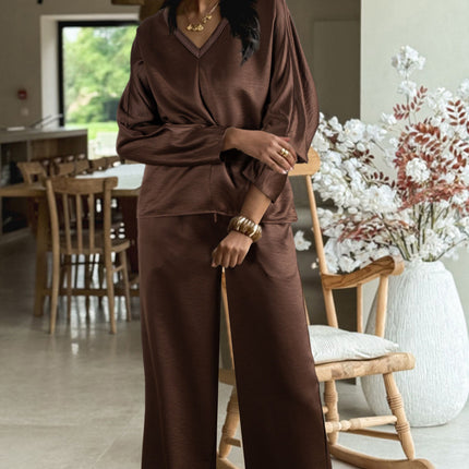 Dark Brown Braided V Neck Long Sleeve Loose Top and Drawstring High Waist Pants 2pcs Outfit