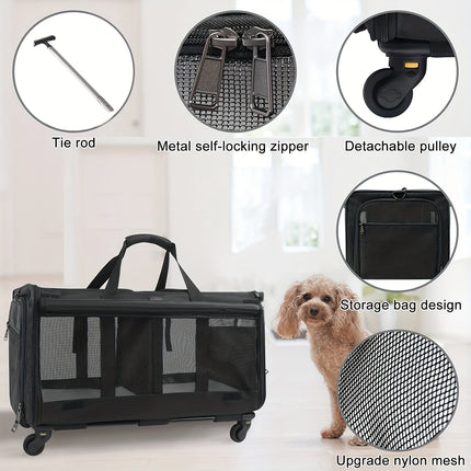 Double Compartment Detachable Travel Carrier for 2 Cats & Puppies - Spacious Pet Trolley with Ventilated Mesh & Removable Lining, Durable Wheels & Ergonomic Handle for Airplane Travel, Vet Visits, Road Trips