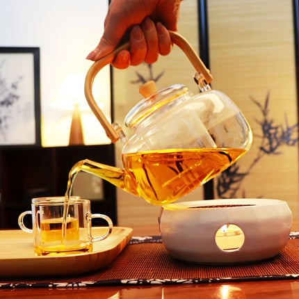 2pcs Glass Teapot With Infuser And Ceramic Heater Set. Heat-resistant Glass Teaware