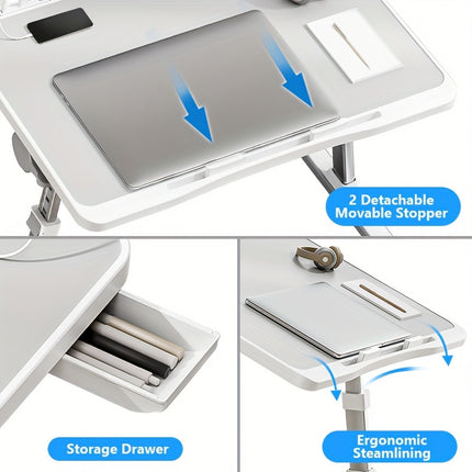 Adjustable Height Foldable Laptop Bed Table with Ergonomic Bedside Desk, Built-in Card Slot & Storage Drawer