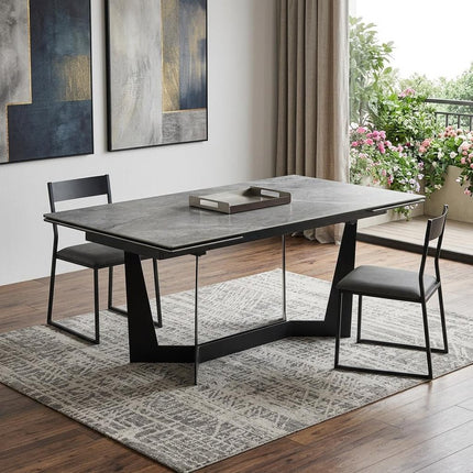 94" Gray and Black Ceramic and Steel Self-Storing Leaf Trestle Base Extendable Dining Table