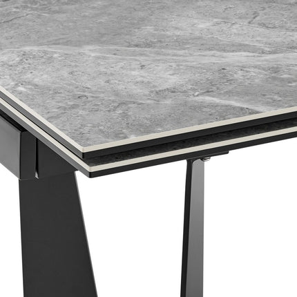 94" Gray and Black Ceramic and Steel Self-Storing Leaf Trestle Base Extendable Dining Table
