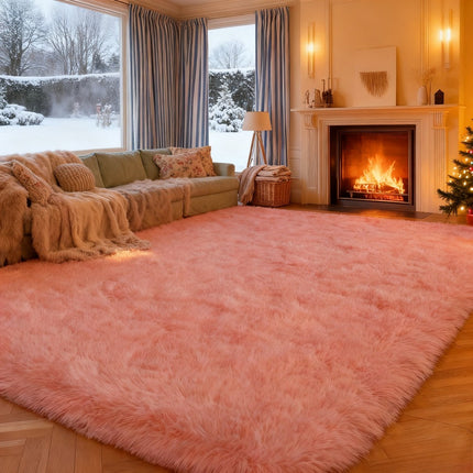 8x10 FT Shag Area Rug  Non-Slip, Soft Pink Plush Carpet, Polyester, Machine Made, Suitable