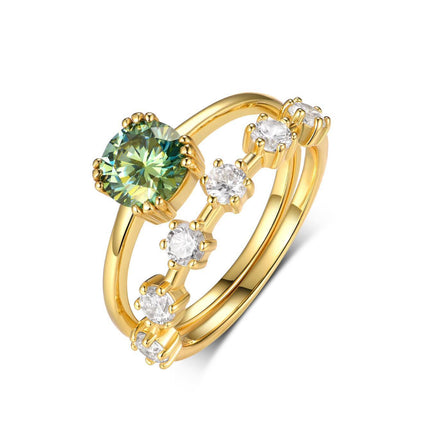 S925 Silver Green Center Stone Full-Set Moissanite Vintage Stacking Ring
