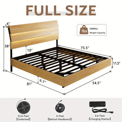 Bed Frame Featuring LED Lighting, Integrated Charging Station, Wooden Headboard for Storage