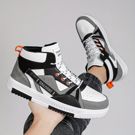 Men's High-Top Running Sneakers - Stylish Black & White Print Design with Orange Accents